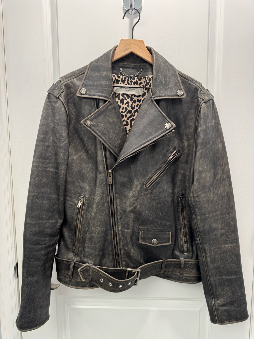 Authentic GOLDEN GOOSE Distressed Leather Biker Jacket Leopard Lining IT 52 (L)